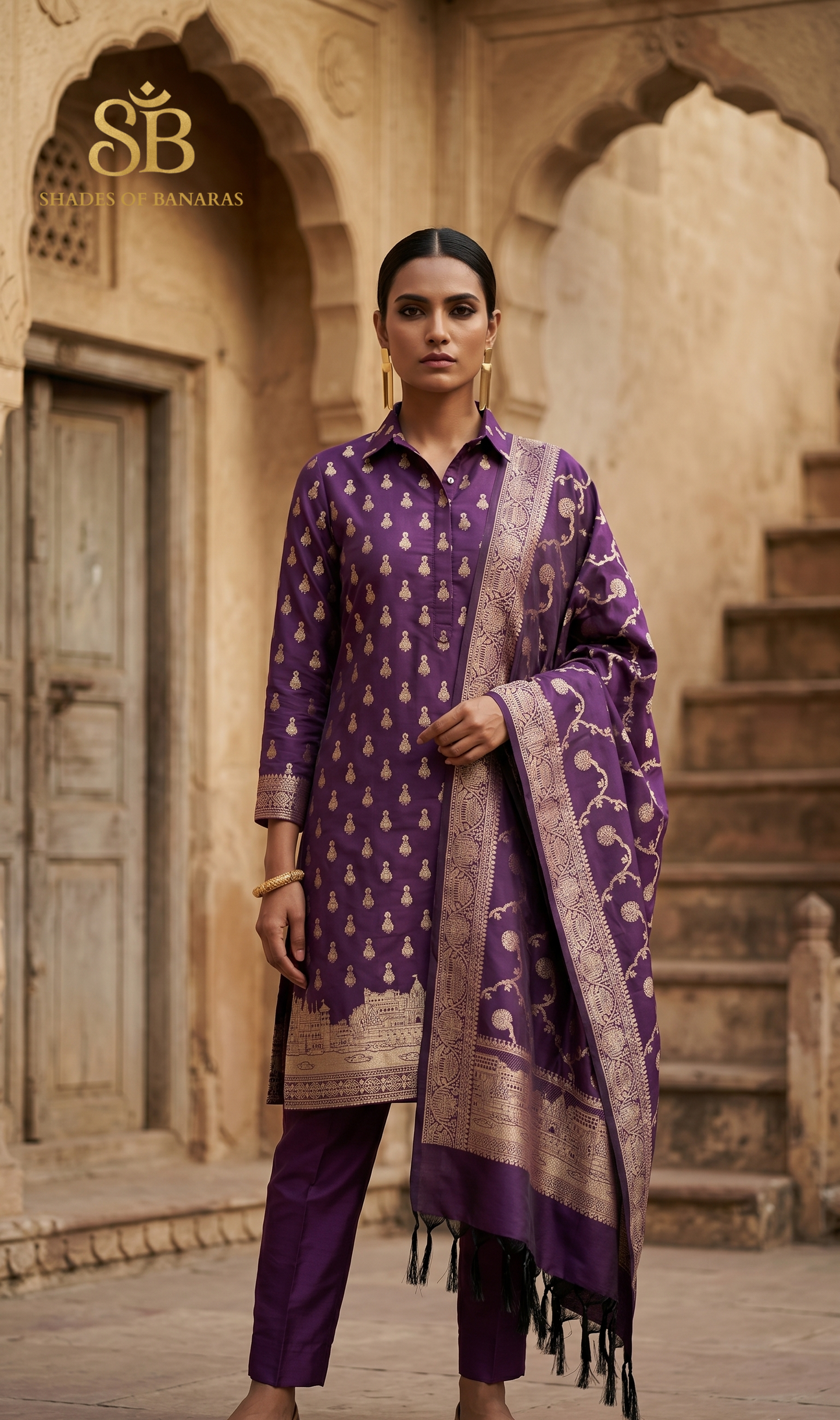 The Royal Ghats: Regal Purple Handloom Katan Silk Unstitched Suit Set by Shades Of Banaras - banarasi - banarasi saree shop - banarasi saree manufacturers - banarasi saree wholesale - banaraasi sarees - banarasi sari - banarasi saris - silk saree - silk sari - wedding saree - wedding sari - designer sari - wedding collection - gifting