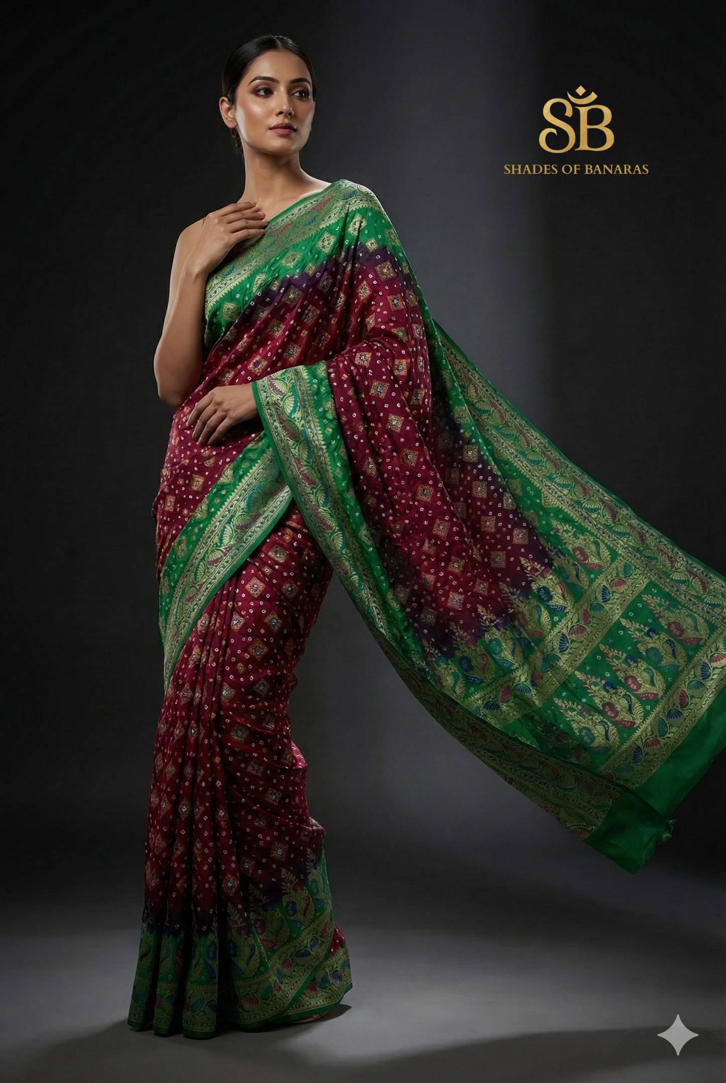 Maroon & Green Pure Georgette Bandhani Banarasi Saree with Minakari Weaving