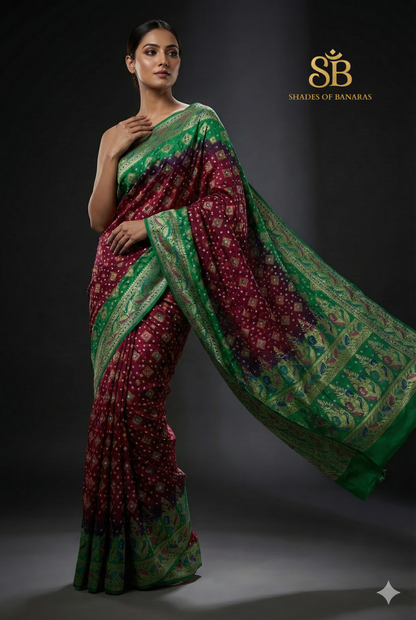 Maroon & Green Pure Georgette Bandhani Banarasi Saree with Minakari Weaving