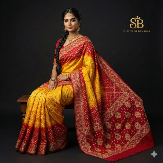 Yellow & Red Pure Georgette Bandhani Banarasi Saree with Minakari Weaving