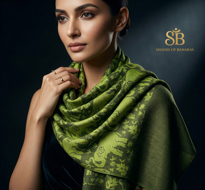 Emerald Heritage: Pure Pashmina Handwoven Luxe Scarf