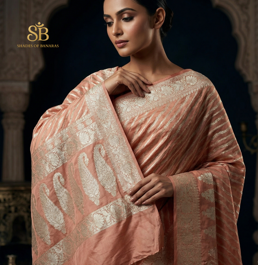 Peach Nectar Luxe Silk Couture: Hand-Woven Zari Stripe Banarasi Sari by Shades Of Banaras - banarasi - banarasi saree shop - banarasi saree manufacturers - banarasi saree wholesale - banaraasi sarees - banarasi sari - banarasi saris - silk saree - silk sari - wedding saree - wedding sari - designer sari - wedding collection - gifting