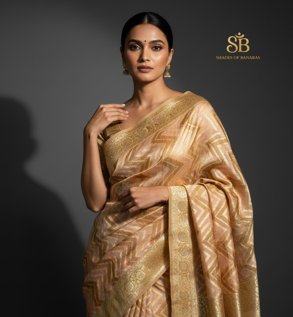 Peach & Brown Luxe Banarasi Saree in Pure Khaddi Georgette by Shades Of Banaras - banarasi - banarasi saree shop - banarasi saree manufacturers - banarasi saree wholesale - banaraasi sarees - banarasi sari - banarasi saris
