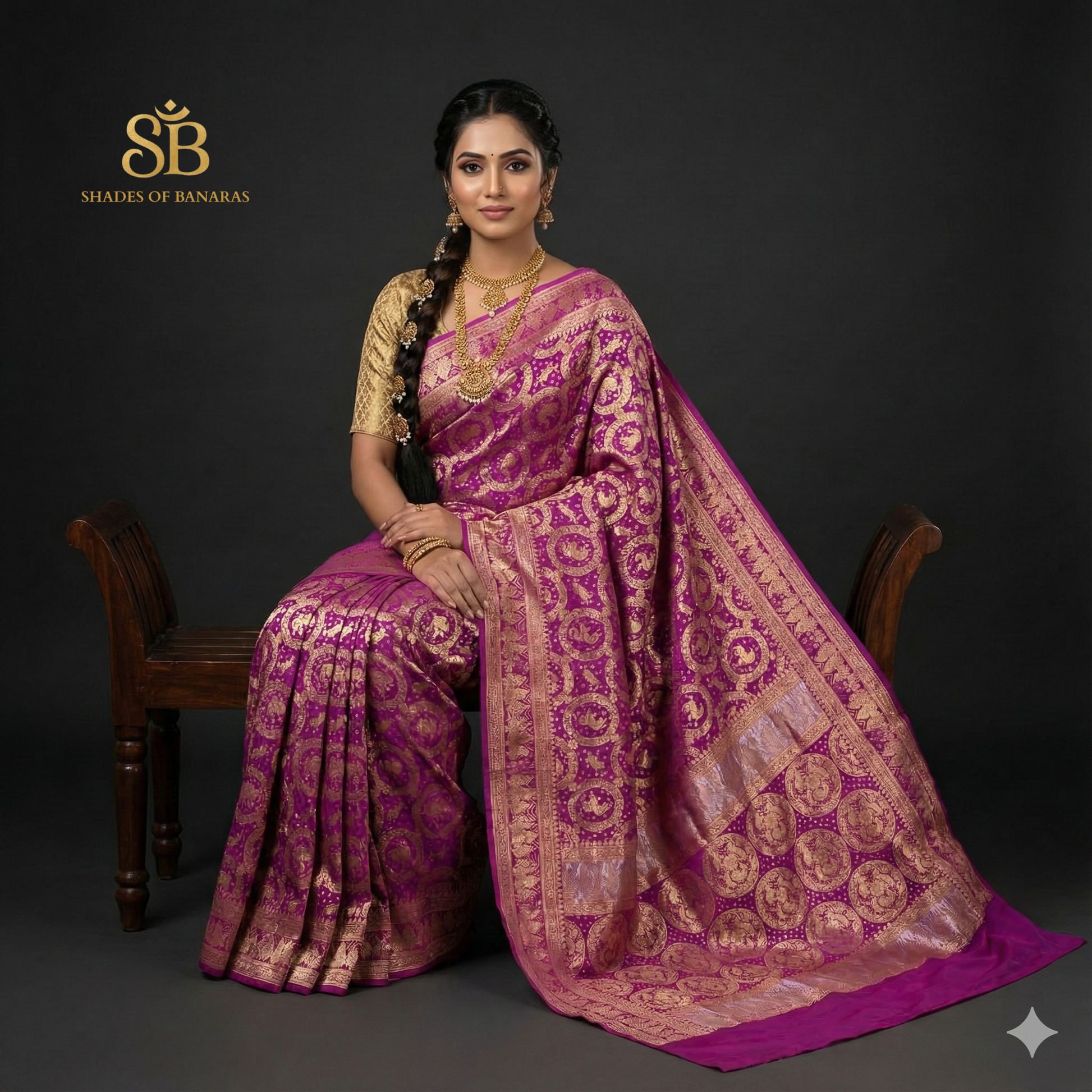 The Royal Gulabi Shikargaah: Pink Khaddi Georgette Bandhani Banarasi Saree by Shades Of Banaras - banarasi - banarasi saree shop - banarasi saree manufacturers - banarasi saree wholesale - banaraasi sarees