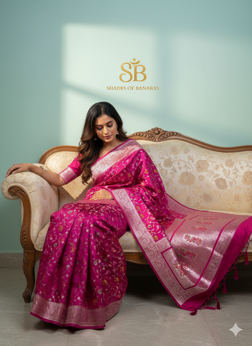 Glamorous Pink Pure Satin Silk Saree with Shikargah Jaal by Shades Of Banaras - banarasi - banarasi saree shop - banarasi saree manufacturers - banarasi saree wholesale - banaraasi sarees