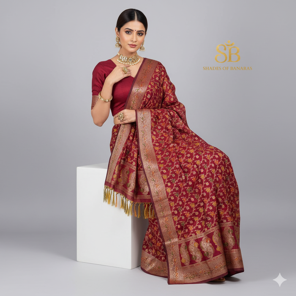 Maroon Katan Soft Silk Banarasi Dupatta by Shades Of Banaras - banarasi - banarasi saree shop - banarasi saree manufacturers - banarasi saree wholesale - banaraasi sarees