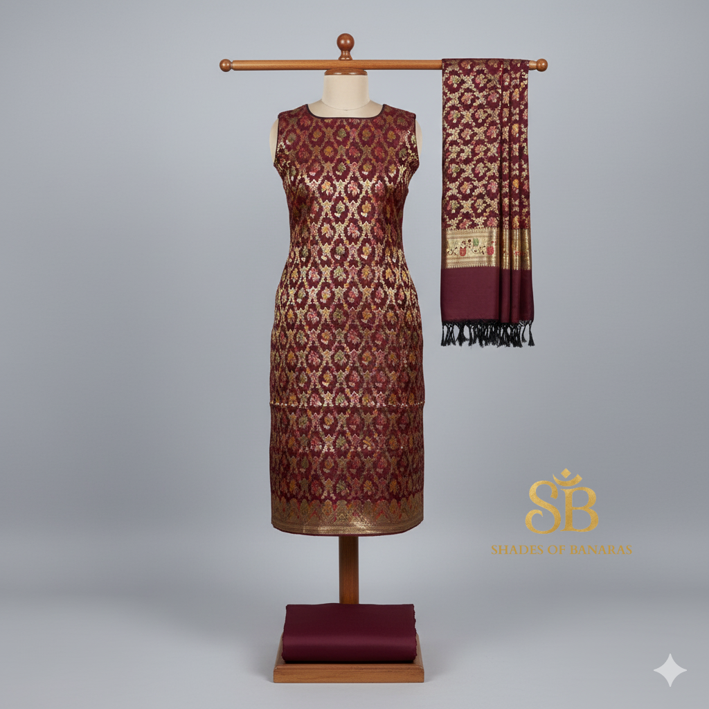 Royal Maroon Minakari Banarasi Katan Soft Silk 3 Piece Handloom Suit Set by Shades Of Banaras - banarasi - banarasi saree shop - banarasi saree manufacturers - banarasi saree wholesale - banaraasi sarees