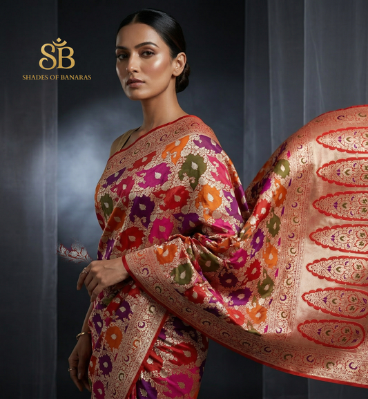 The Imperial Rangkaat Couture: Luxe Quad-Tone Pure Silk Banarasi Saree by Shades Of Banaras - banarasi - banarasi saree shop - banarasi saree manufacturers - banarasi saree wholesale - banaraasi sarees - banarasi sari - banarasi saris - silk saree - silk sari - wedding saree - wedding sari - designer sari - wedding collection - gifting