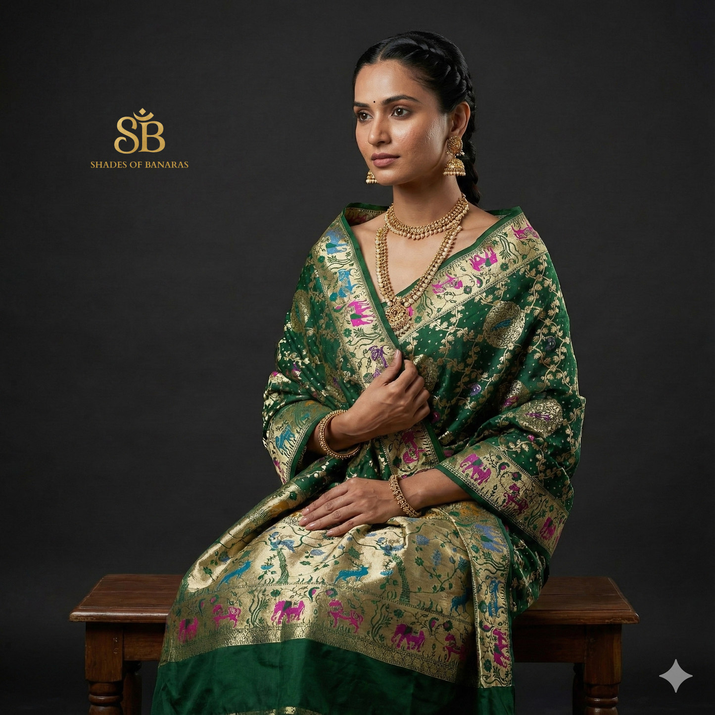 The Emerald Empress: Bottle Green Khaddi Georgette Bandhani Dupatta by Shades Of Banaras - banarasi - banarasi saree shop - banarasi saree manufacturers - banarasi saree wholesale - banaraasi sarees
