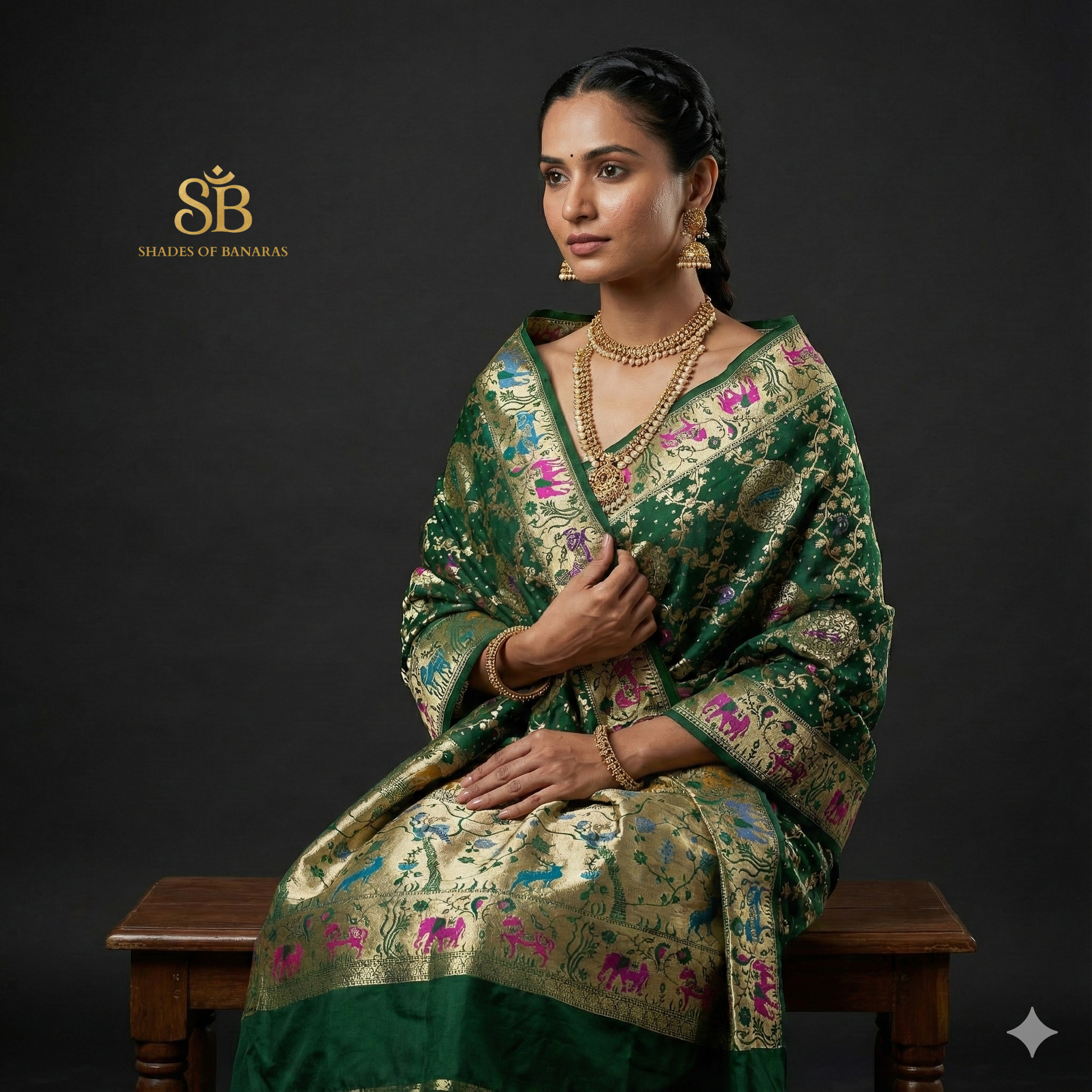 The Emerald Empress: Bottle Green Khaddi Georgette Bandhani Dupatta by Shades Of Banaras - banarasi - banarasi saree shop - banarasi saree manufacturers - banarasi saree wholesale - banaraasi sarees