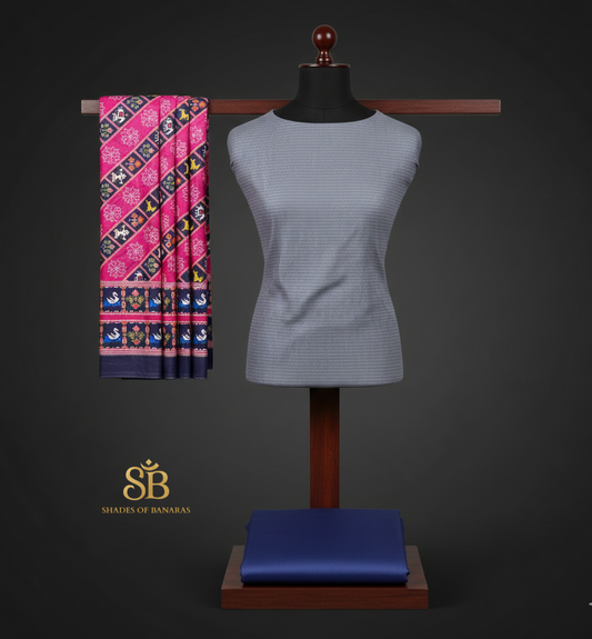 Luxe Greyish Blue & Pink Cotton Banarasi Handloom Suit Set (3 Pcs)