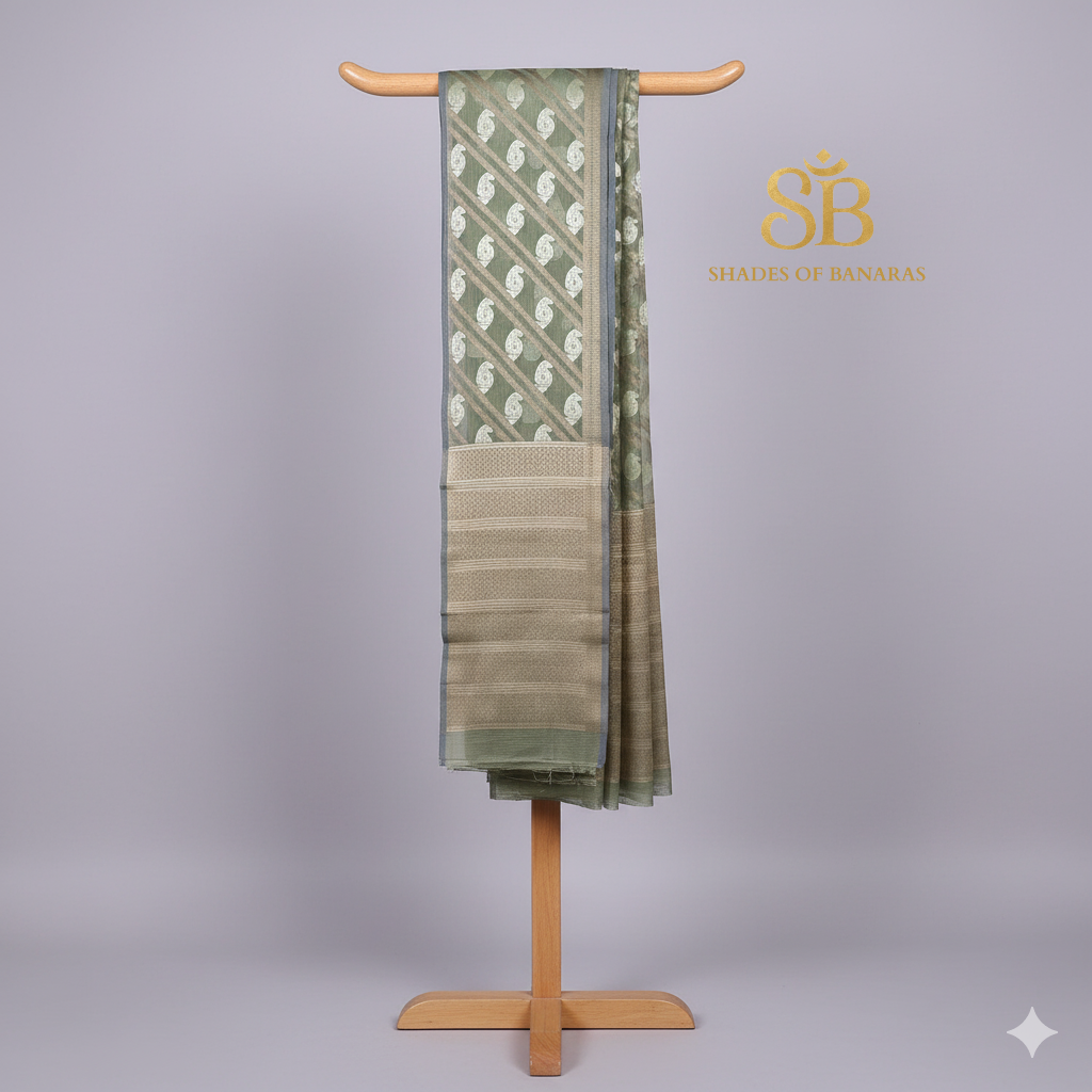 Meadow Grace — Subtle Green Pure Cotton Kota Check Banarasi Saree with Brocade Blouse by Shades Of Banaras - banarasi - banarasi saree shop - banarasi saree manufacturers - banarasi saree wholesale - banaraasi sarees