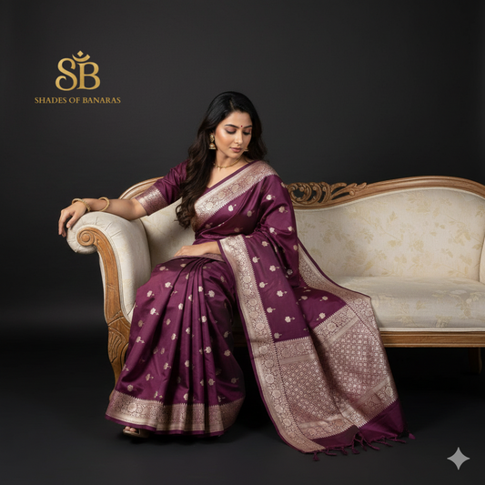 Velvet Merlot Couture — Luxe Silk Banarasi Saree by Shades Of Banaras - banarasi - banarasi saree shop - banarasi saree manufacturers - banarasi saree wholesale - banaraasi sarees