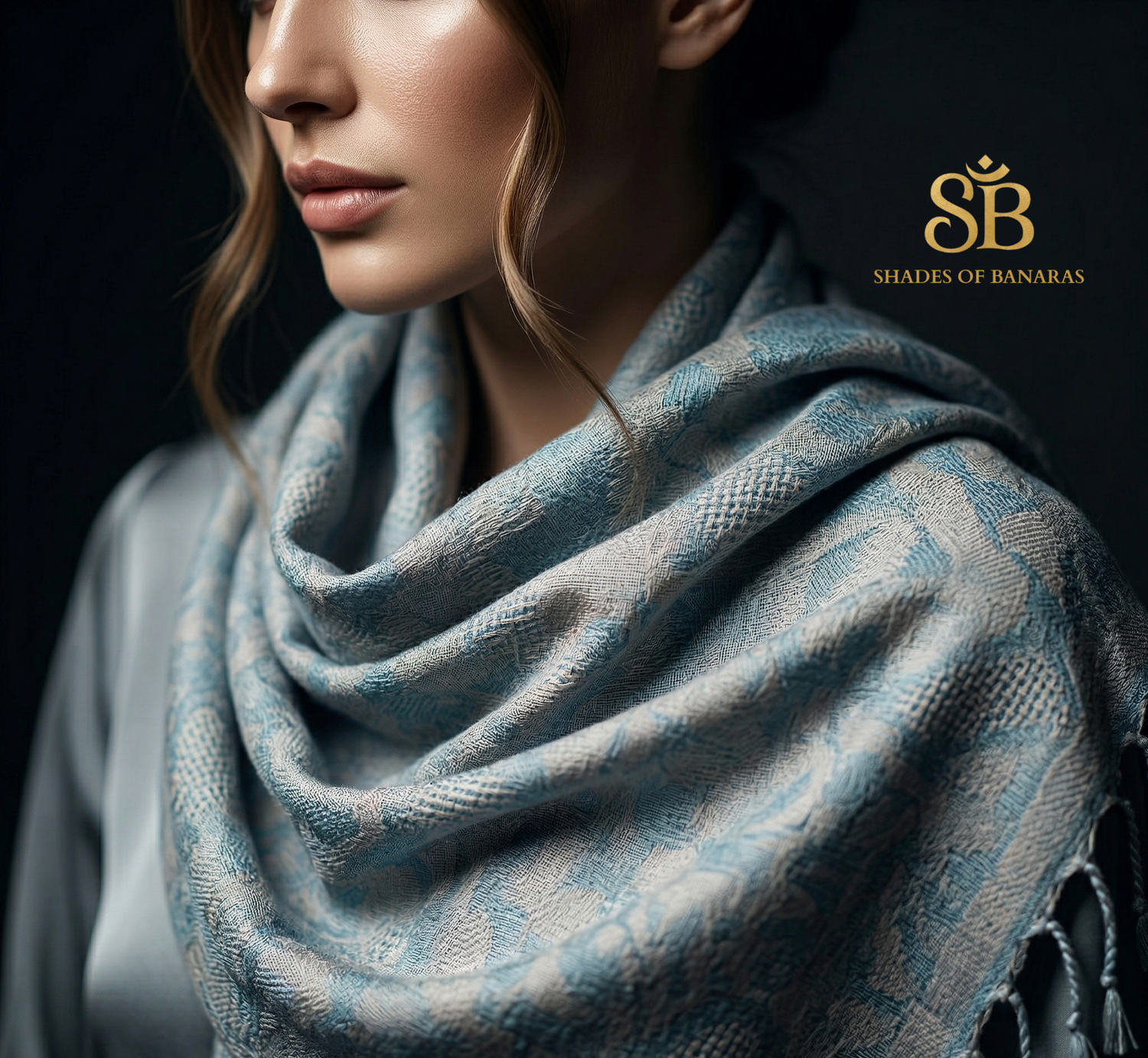 Azure Whisper: Pure Pashmina Handwoven Luxe Scarf by Shades Of Banaras - banarasi - banarasi saree shop - banarasi saree manufacturers - banarasi saree wholesale - banaraasi sarees - banarasi sari - banarasi saris - silk saree - silk sari - wedding saree - wedding sari - designer sari - wedding collection - gifting
