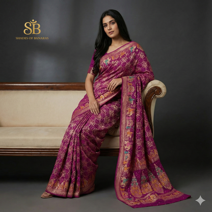 The Rani’s Decree: Pink Khaddi Georgette Bandhani Saree with Minakari Shikargaah A symphony of heritage, woven in the color of celebration by Shades Of Banaras - banarasi - banarasi saree shop - banarasi saree manufacturers - banarasi saree wholesale - banaraasi sarees