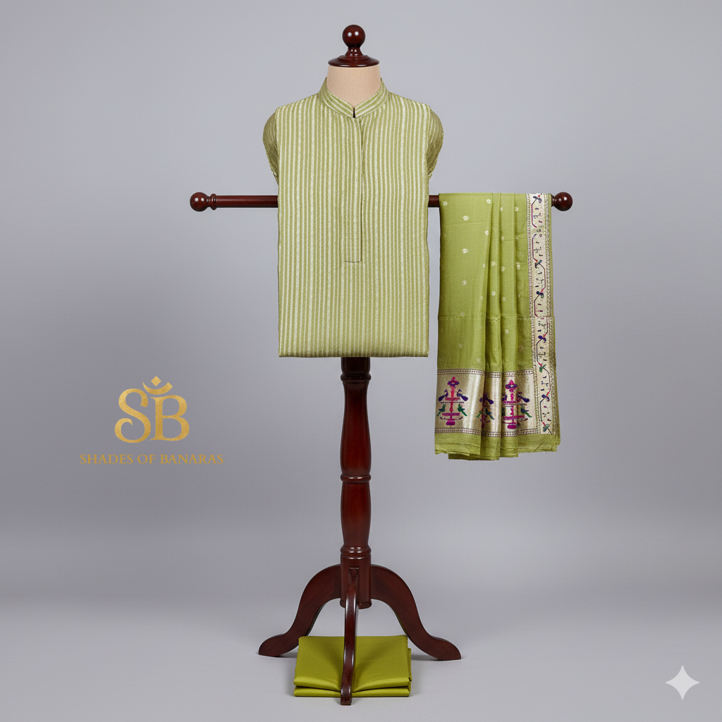 Green Pure Banarasi Moonga Silk Handloom Striped 3-Piece Suit Set by Shades Of Banaras - banarasi - banarasi saree shop - banarasi saree manufacturers - banarasi saree wholesale - banaraasi sarees