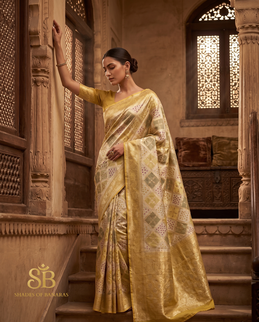Yellow Luxe Pure Mango Silk Rangkaat Ghatchola Saree with Bandhej