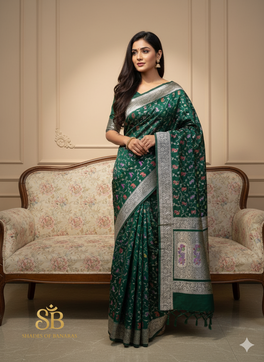Majestic Bottle Green Pure Satin Silk Saree with Shikargah Jaal by Shades Of Banaras - banarasi - banarasi saree shop - banarasi saree manufacturers - banarasi saree wholesale - banaraasi sarees