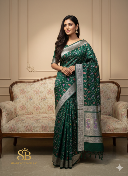 Majestic Bottle Green Pure Satin Silk Saree with Shikargah Jaal by Shades Of Banaras - banarasi - banarasi saree shop - banarasi saree manufacturers - banarasi saree wholesale - banaraasi sarees