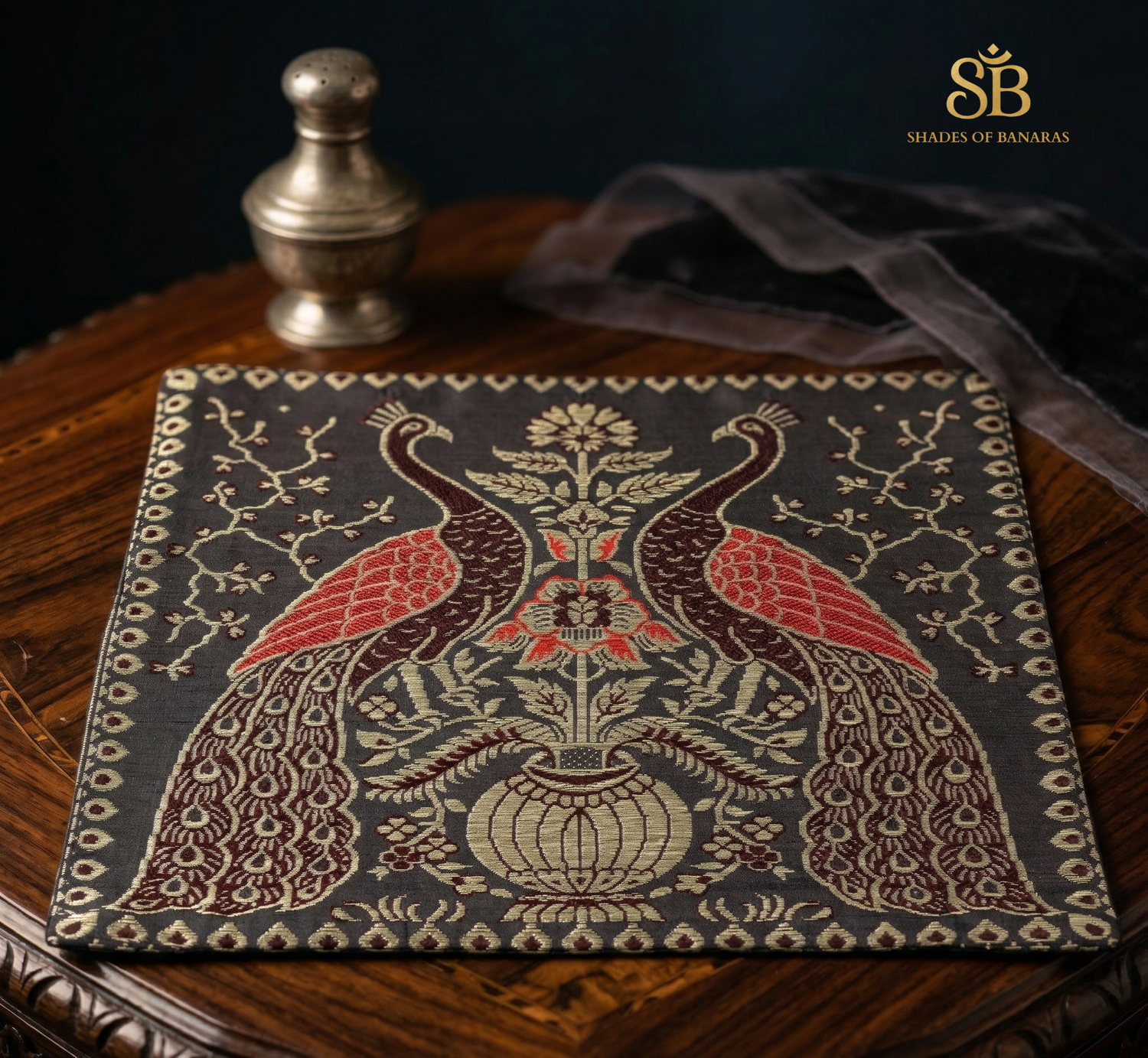 The Slate Sterling Luxe: Pure Banarasi Dupion Silk Petit Table Mat by Shades Of Banaras - banarasi - banarasi saree shop - banarasi saree manufacturers - banarasi saree wholesale - banaraasi sarees - banarasi sari - banarasi saris - silk saree - silk sari - wedding saree - wedding sari - designer sari - wedding collection - gifting