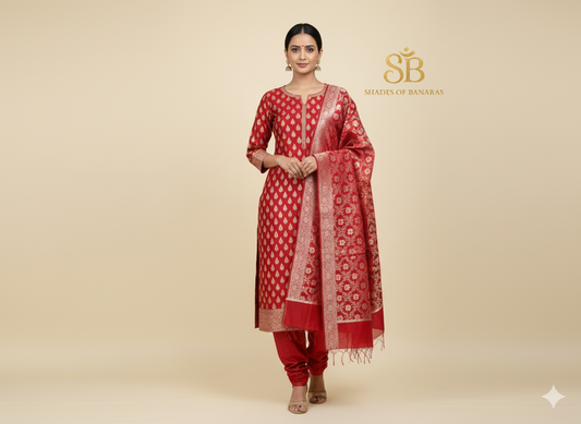 Celebration Red Pure Cotton Handloom Banarasi Suit Set by Shades Of Banaras - banarasi - banarasi saree shop - banarasi saree manufacturers - banarasi saree wholesale - banaraasi sarees