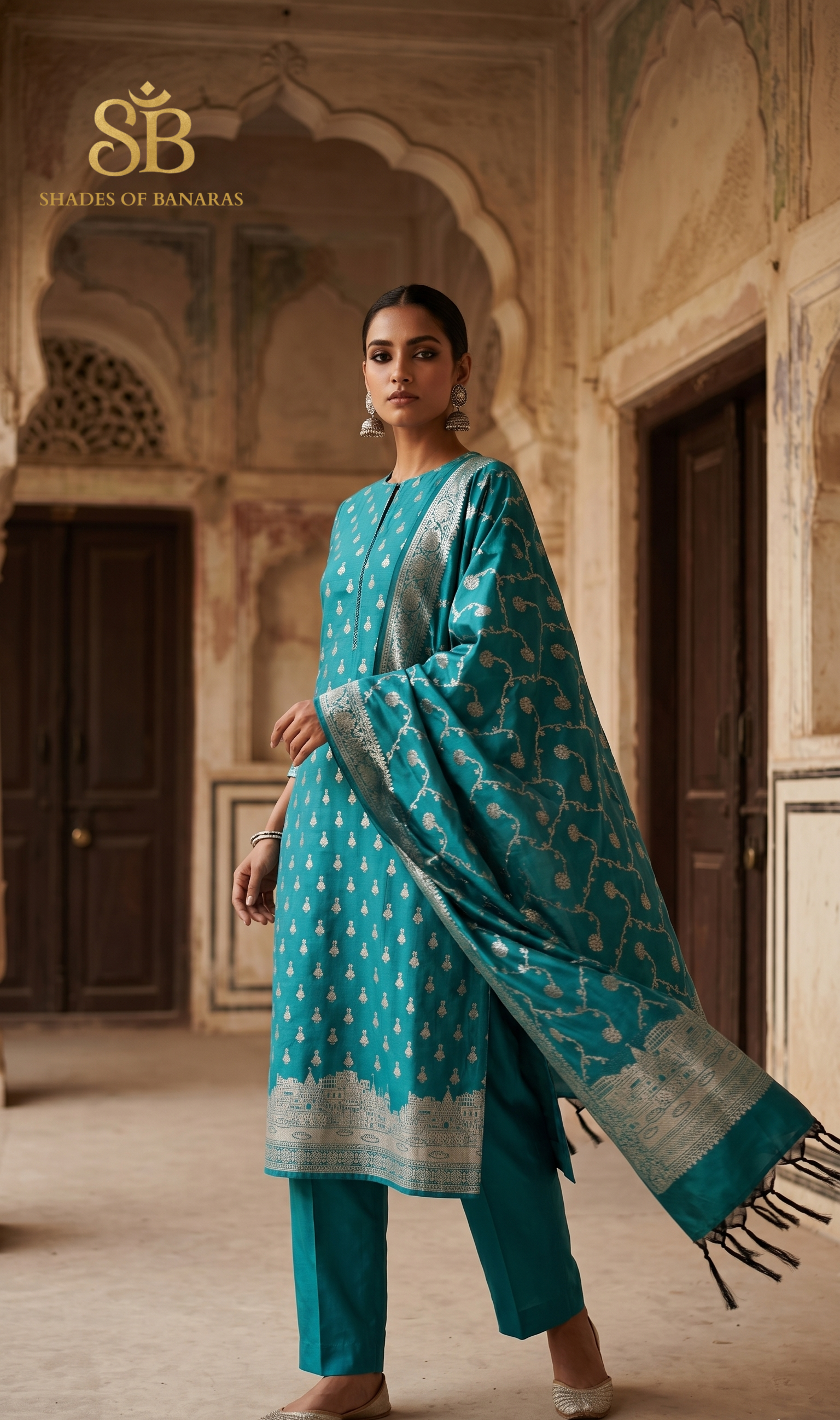 The Ghats of Kashi: Sea Blue Handloom Katan Silk Masterpiece Suit by Shades Of Banaras - banarasi - banarasi saree shop - banarasi saree manufacturers - banarasi saree wholesale - banaraasi sarees - banarasi sari - banarasi saris - silk saree - silk sari - wedding saree - wedding sari - designer sari - wedding collection - gifting