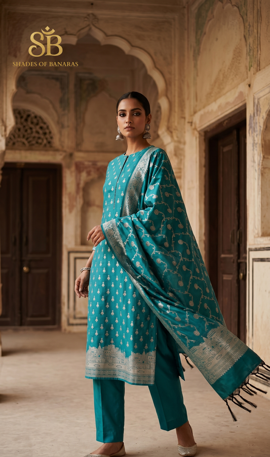The Ghats of Kashi: Sea Blue Handloom Katan Silk Masterpiece Suit by Shades Of Banaras - banarasi - banarasi saree shop - banarasi saree manufacturers - banarasi saree wholesale - banaraasi sarees - banarasi sari - banarasi saris - silk saree - silk sari - wedding saree - wedding sari - designer sari - wedding collection - gifting