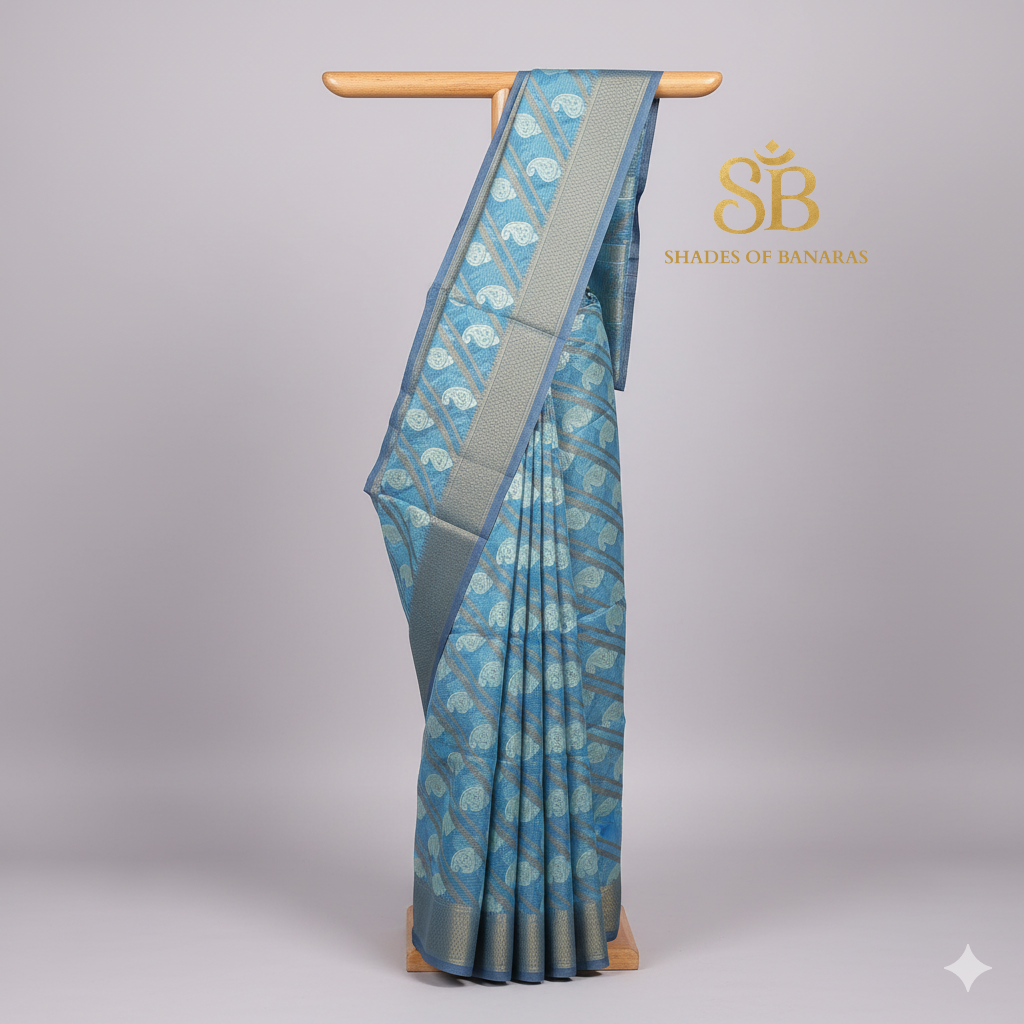 Blue Serenity — Subtle Blue Pure Cotton Kota Check Banarasi Saree with Brocade Blouse by Shades Of Banaras - banarasi - banarasi saree shop - banarasi saree manufacturers - banarasi saree wholesale - banaraasi sarees