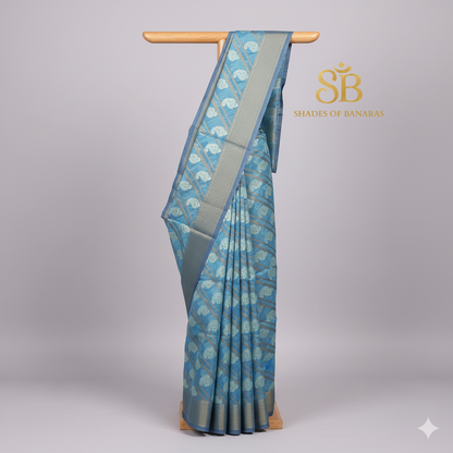 Blue Serenity — Subtle Blue Pure Cotton Kota Check Banarasi Saree with Brocade Blouse by Shades Of Banaras - banarasi - banarasi saree shop - banarasi saree manufacturers - banarasi saree wholesale - banaraasi sarees