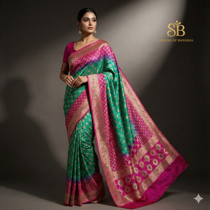 Green & Pink Pure Georgette Bandhani Banarasi Saree with Minakari Weaving