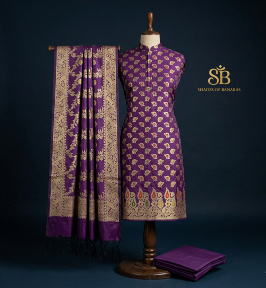 The Royal Amethyst: Imperial Purple Banarasi Katan Soft Silk Suit Set by Shades Of Banaras - banarasi - banarasi saree shop - banarasi saree manufacturers - banarasi saree wholesale - banaraasi sarees - banarasi sari - banarasi saris - silk saree - silk sari - wedding saree - wedding sari - designer sari - wedding collection - gifting