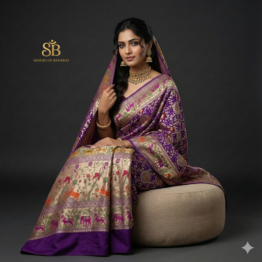 The Imperial Violet: Purple Khaddi Georgette Bandhani Banarasi Dupatta by Shades Of Banaras - banarasi - banarasi saree shop - banarasi saree manufacturers - banarasi saree wholesale - banaraasi sarees