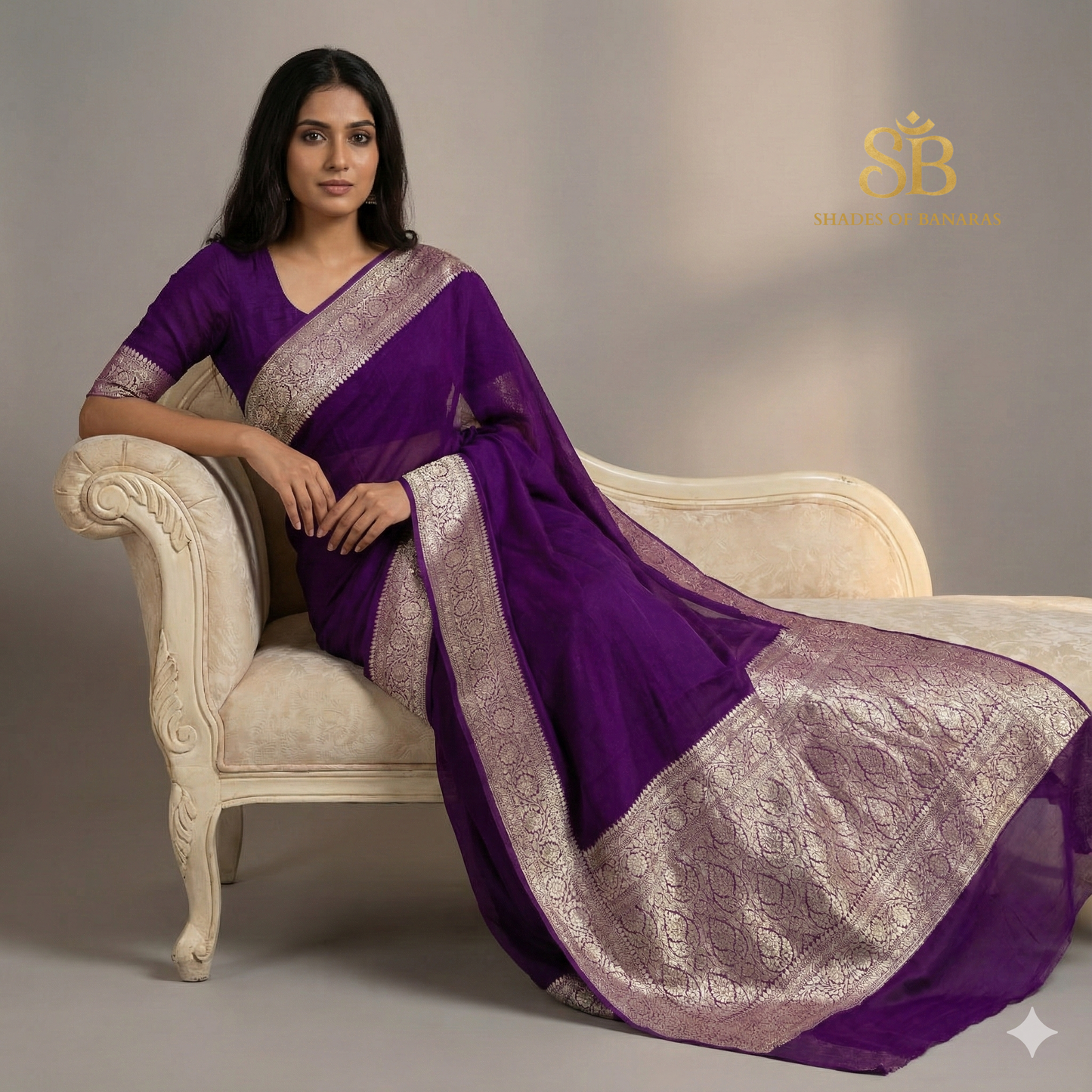 Purple Pure Khaddi Georgette Banarasi Saree with Kadhua Border & Designer Blouse
