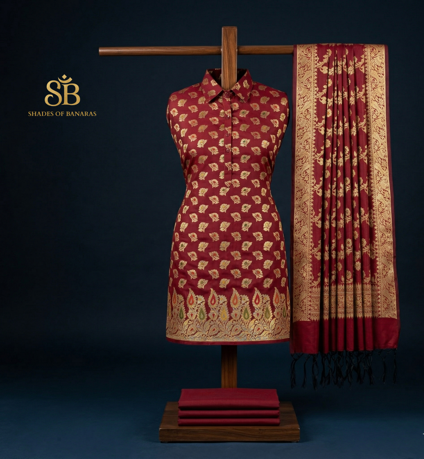 The Crimson Heritage: Regal Maroon Banarasi Katan Soft Silk Suit Set by Shades Of Banaras - banarasi - banarasi saree shop - banarasi saree manufacturers - banarasi saree wholesale - banaraasi sarees - banarasi sari - banarasi saris - silk saree - silk sari - wedding saree - wedding sari - designer sari - wedding collection - gifting
