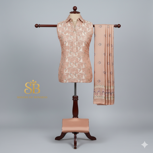 Peachish Orange Pure Banarasi Moonga Silk Handloom Shikargah 3-Piece Suit Set by Shades Of Banaras - banarasi - banarasi saree shop - banarasi saree manufacturers - banarasi saree wholesale - banaraasi sarees