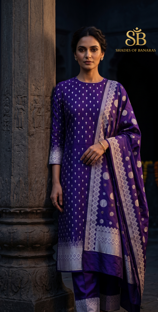 The Imperial Amethyst: Luxe Pure Banarasi Silk Kadhua Suit with Sona Rupa Zari