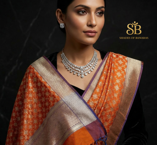 Saffron Luxe: Handwoven Orange Soft Katan Silk Banarasi Jaal Dupatta