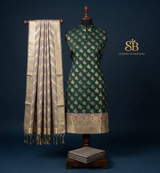 The Verdant Slate: Sovereign Green & Ash Grey Banarasi Katan Soft Silk Suit Set by Shades Of Banaras - banarasi - banarasi saree shop - banarasi saree manufacturers - banarasi saree wholesale - banaraasi sarees - banarasi sari - banarasi saris - silk saree - silk sari - wedding saree - wedding sari - designer sari - wedding collection - gifting