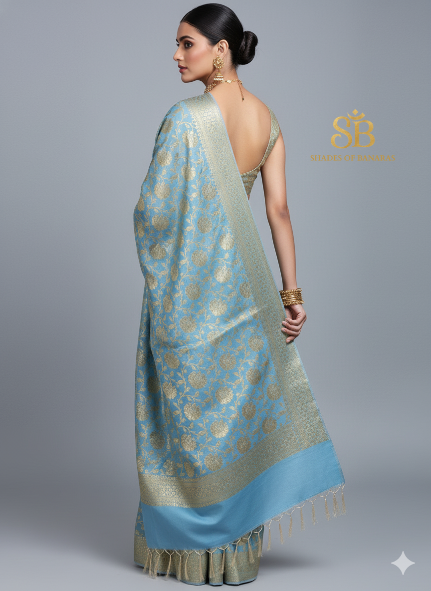 Sky Blue Katan Soft Silk Banarasi Dupatta – All Over Jaal Weave by Shades Of Banaras - banarasi - banarasi saree shop - banarasi saree manufacturers - banarasi saree wholesale - banaraasi sarees
