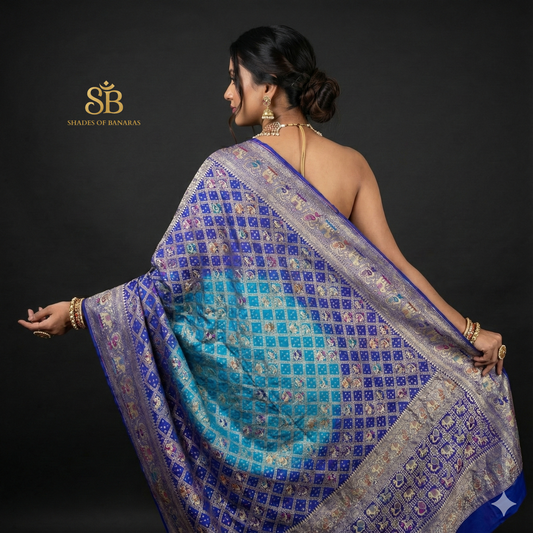 The Sapphire Dream: Blue Khaddi Georgette Bandhani Banarasi Dupatta by Shades Of Banaras - banarasi - banarasi saree shop - banarasi saree manufacturers - banarasi saree wholesale - banaraasi sarees