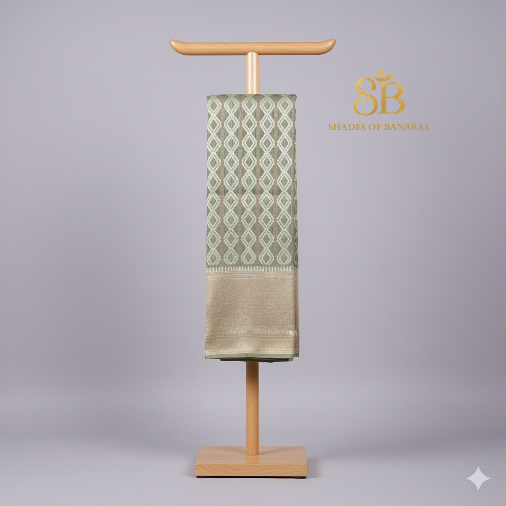 Spring Mist — Light Green Pure Cotton Kota Check Banarasi Saree with Brocade Blouse by Shades Of Banaras - banarasi - banarasi saree shop - banarasi saree manufacturers - banarasi saree wholesale - banaraasi sarees
