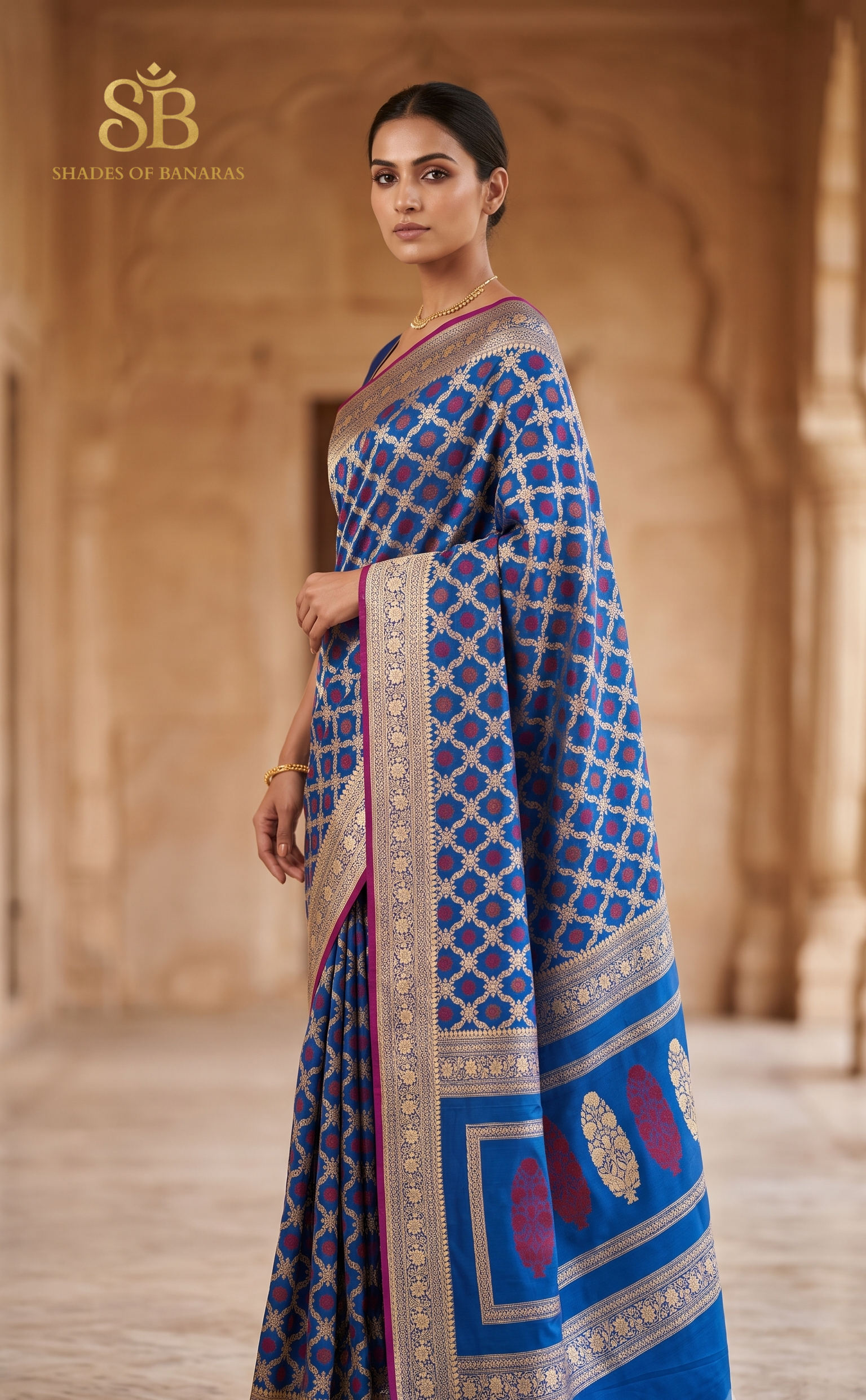 Woman in a cobalt-blue Kadhua trellis Banarasi silk saree with gold zari geometric lattice and deep maroon tree-of-life pallu motifs.