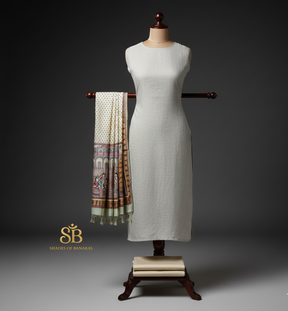 Luxe Off-White Pure Cotton Banarasi Handloom Suit Set (3 Pcs)