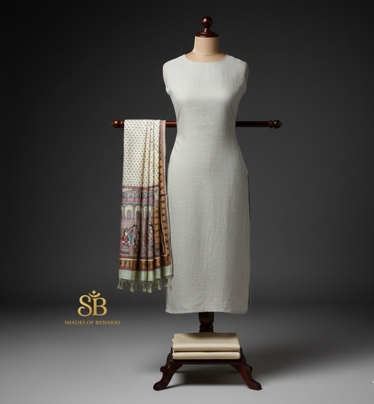 Luxe Off-White Pure Cotton Banarasi Handloom Suit Set (3 Pcs)