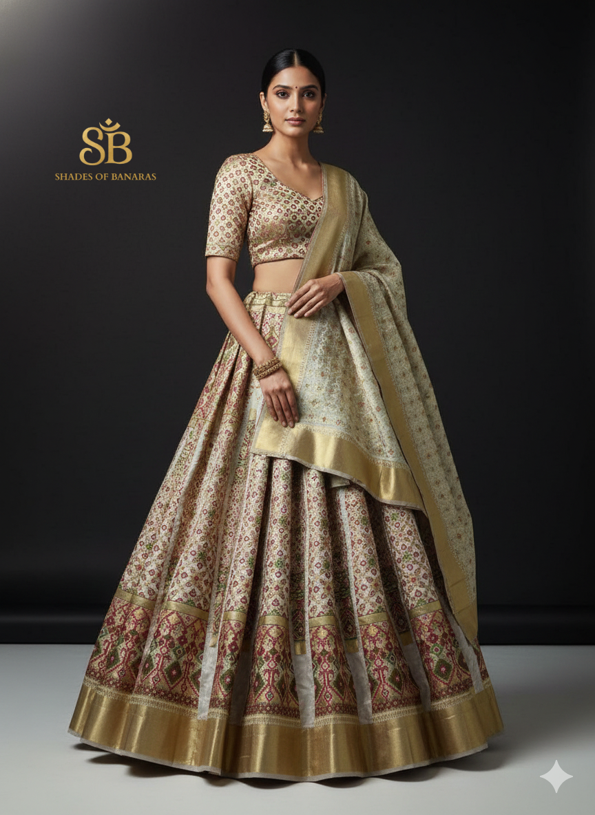 Ivory Patola Luxe Couture — White Banarasi Silk Lehenga by Shades Of Banaras - banarasi - banarasi saree shop - banarasi saree manufacturers - banarasi saree wholesale - banaraasi sarees
