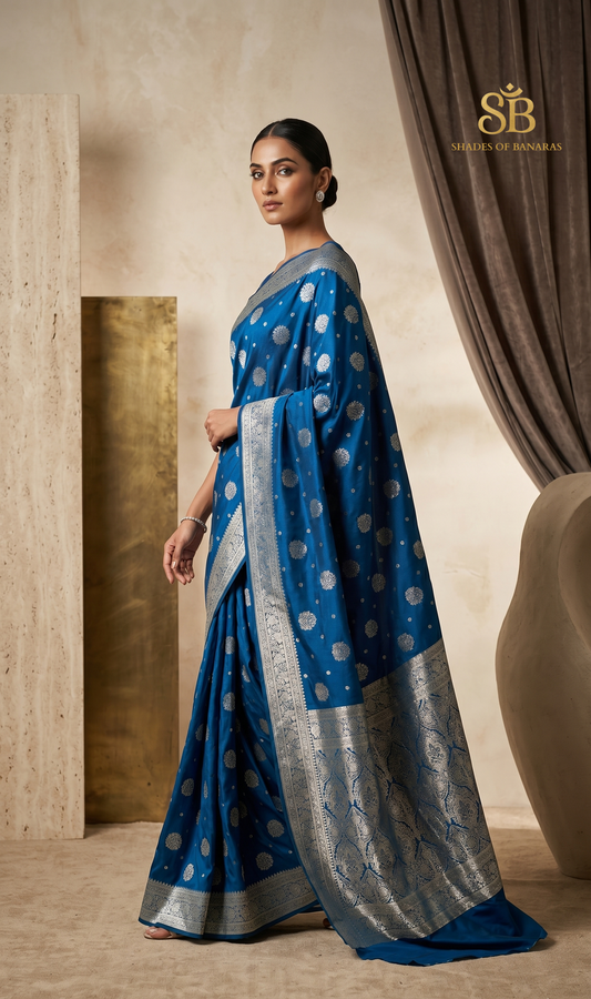 Blue Luxe Silk Banarasi Saree with Matt Gold Zari Butis | Regal Handloom Heirloom
