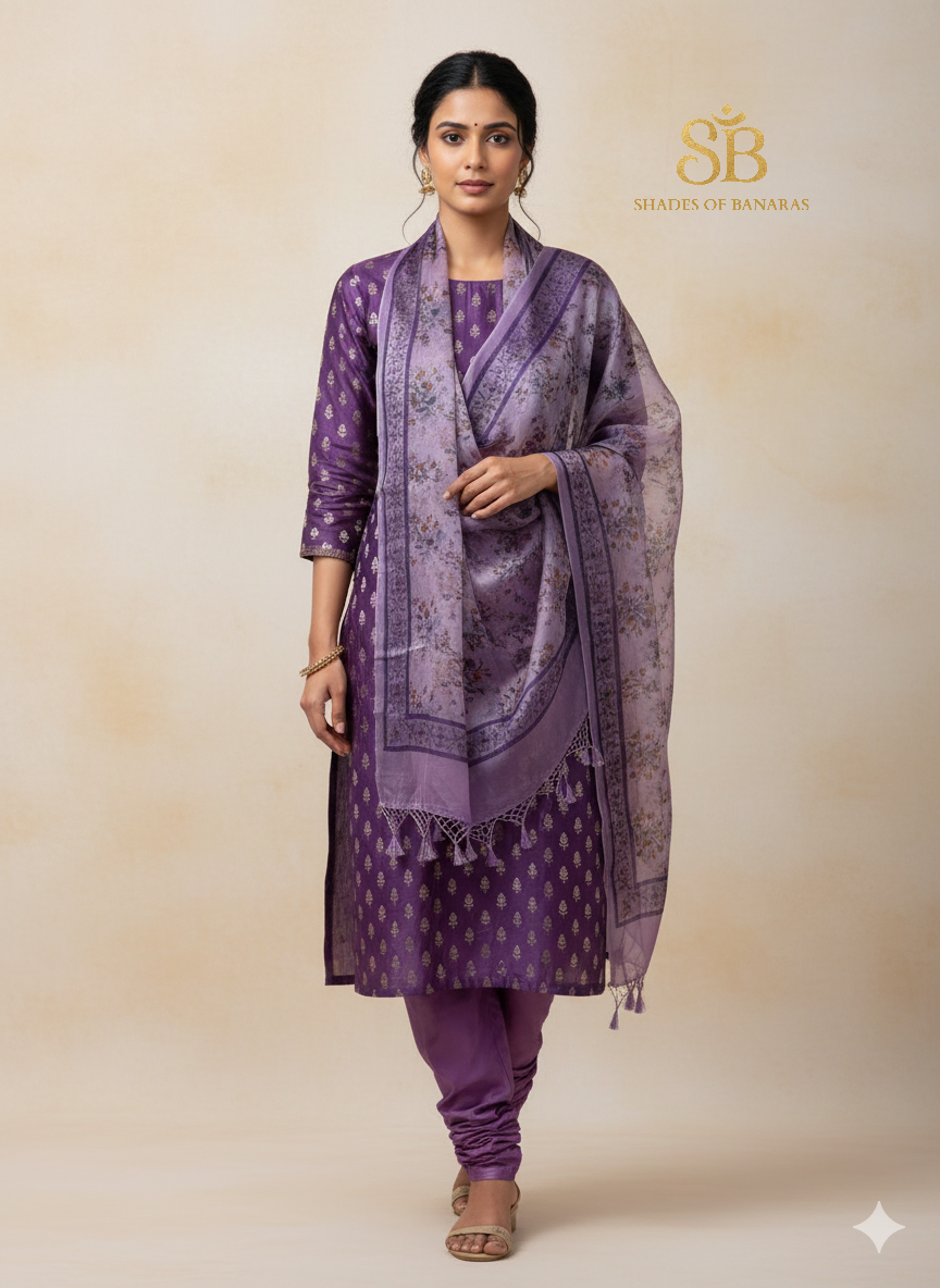 The Royal Banarasi: Purple Chanderi & Digital Organza Suit by Shades Of Banaras - banarasi - banarasi saree shop - banarasi saree manufacturers - banarasi saree wholesale - banaraasi sarees