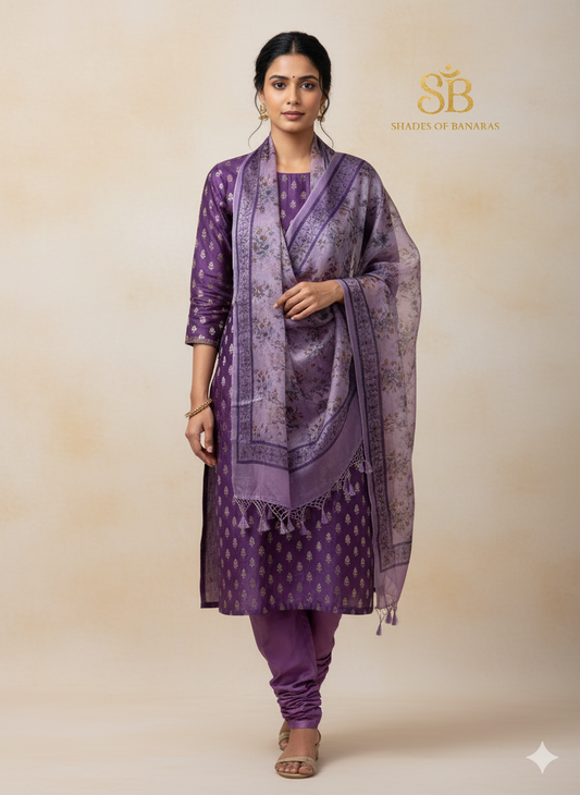 The Royal Banarasi: Purple Chanderi & Digital Organza Suit by Shades Of Banaras - banarasi - banarasi saree shop - banarasi saree manufacturers - banarasi saree wholesale - banaraasi sarees