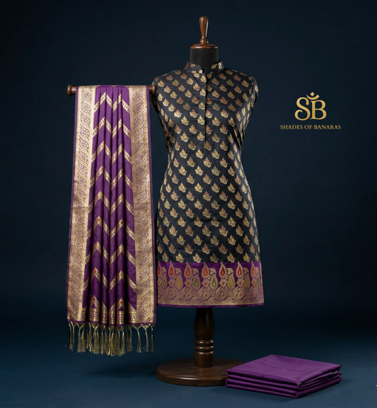 The Obsidian & Amethyst Legacy: Grand Black and Purple Banarasi Katan Soft Silk Suit Set by Shades Of Banaras - banarasi - banarasi saree shop - banarasi saree manufacturers - banarasi saree wholesale - banaraasi sarees - banarasi sari - banarasi saris - silk saree - silk sari - wedding saree - wedding sari - designer sari - wedding collection - gifting
