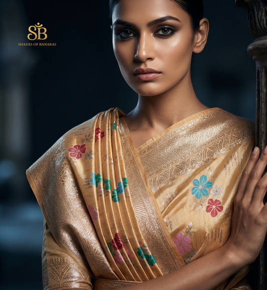 The Gilded Primrose Luxe : Handwoven Pure Cotton Silk Banarasi Masterpiece Saree